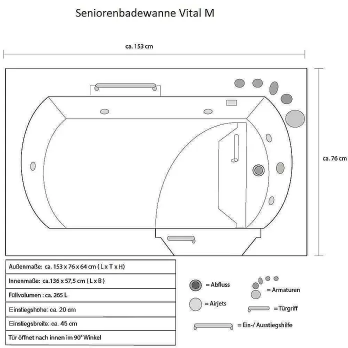 Home Deluxe Badewanne VITAL M - Weiß - Technische Zeichnung einer Senioren-Einsteigewanne mit niedrigem Einstieg, innenöffnender Tür, Haltegriffen und Airjets für Komfort und Zugänglichkeit.
