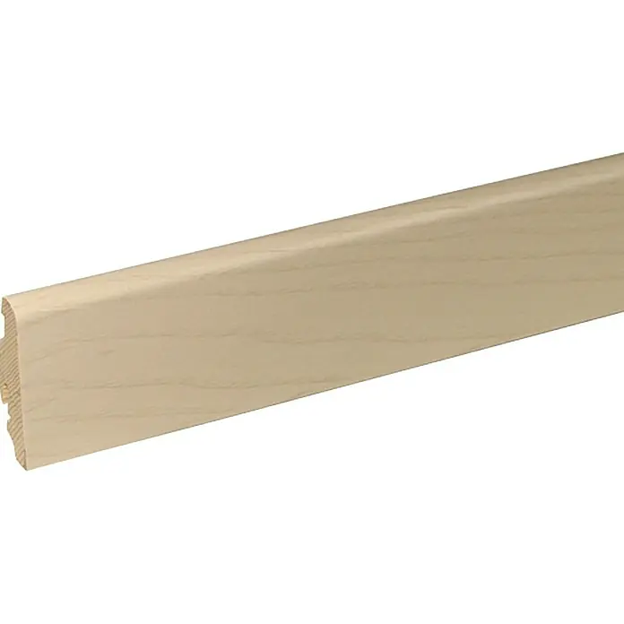 Profiles and more Sockelleiste SU60L Esche Perlweiß - 250 cm x 19 mm x 58 mm, Fichte, Esche - Detailaufnahme einer unbehandelten Sockelleiste aus Holz, ideal für DIY-Projekte und zur individuellen Gestaltung von Wohnräumen.