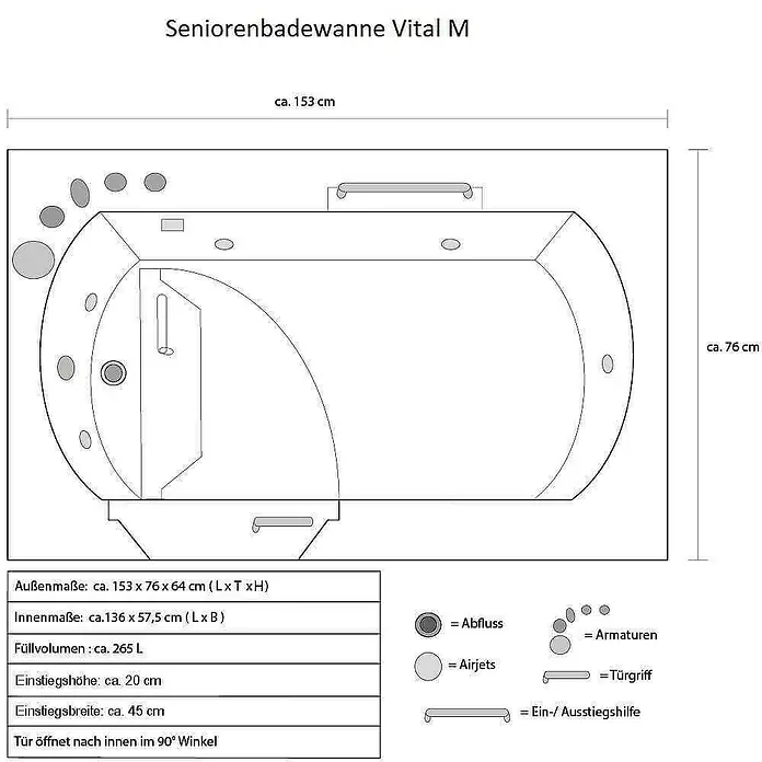Home Deluxe Badewanne VITAL M - Weiß - Weiße Seniorenbadewanne Vital M mit niedriger Einstiegstür, Haltegriff und integrierten Düsen, als technische Zeichnung dargestellt.
