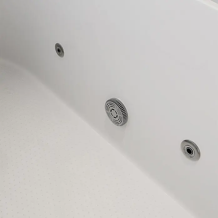 Home Deluxe Badewanne VITAL M - Weiß - Weißer Badewanneninnenraum mit silberfarbenen Whirlpooldüsen und rutschfestem Strukturboden.