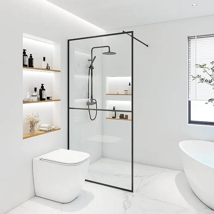 Home Deluxe Duschabtrennung BAKI schwarz 110 x 200 cm -  - Schwarzgerahmte begehbare Dusche mit Klarglas in einem modernen, minimalistischen Badezimmer.