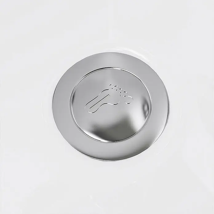 Home Deluxe Badewanne VITAL L - Weiß - Chromfarbener Duschablaufdeckel mit geprägtem Fußsymbol.