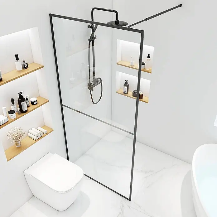 Home Deluxe Duschabtrennung BAKI schwarz 110 x 200 cm -  - Elegante, schwarz gerahmte Glasduschwand in einem modernen Bad, die den Duschbereich von der Toilette trennt.