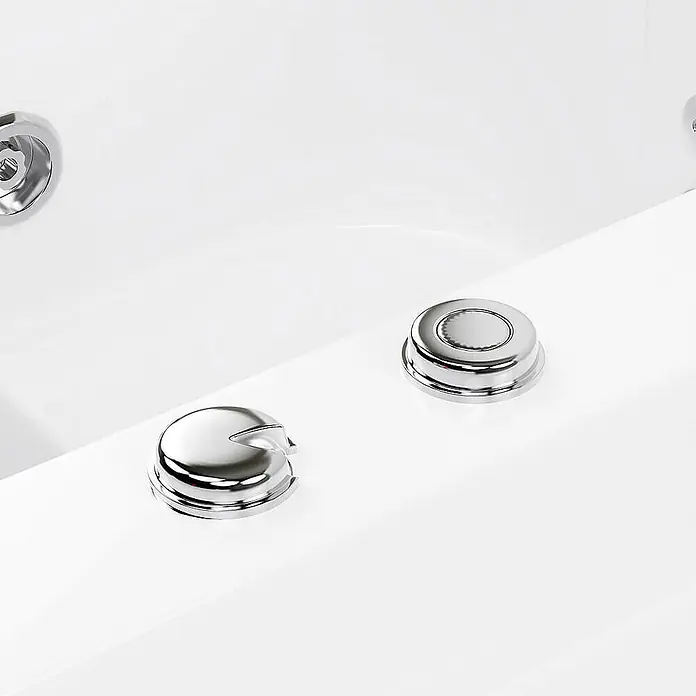 Home Deluxe Badewanne VITAL L - Weiß - Zwei verchromte Badewannen-/Spa-Bedienelemente: ein runder Druckknopf und ein Drehregler.