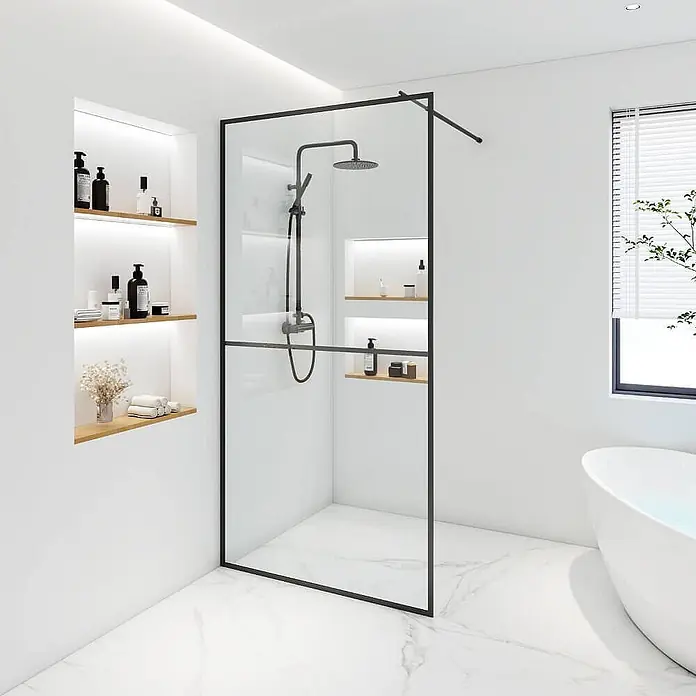 Home Deluxe Duschabtrennung BAKI schwarz 110 x 200 cm -  - Moderner schwarzer Glas-Duschabtrennung mit schwarzem Duschsystem in einem minimalistischen Bad.