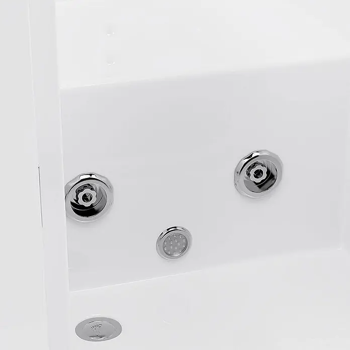 Home Deluxe Badewanne VITAL L - Weiß - Verchromte Hydromassage-Düsen und ein Abfluss in einer weißen Wanne.
