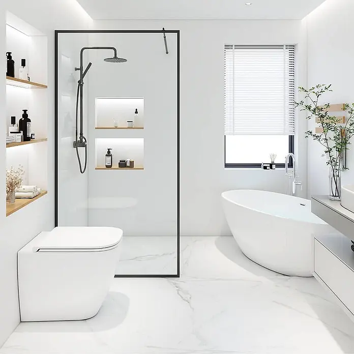 Home Deluxe Duschabtrennung BAKI schwarz 120 x 200 cm -  - Modernes weißes Badezimmer mit schwarz gerahmter Dusche, freistehender Wanne und wandhängendem WC.