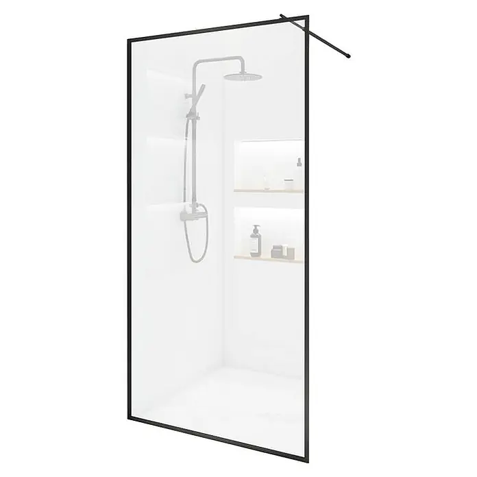 Home Deluxe Duschabtrennung BAKI schwarz 110 x 200 cm -  - Schwarz gerahmte Duschwand aus Klarglas mit Duschkopf und sichtbaren Ablagen im Inneren.