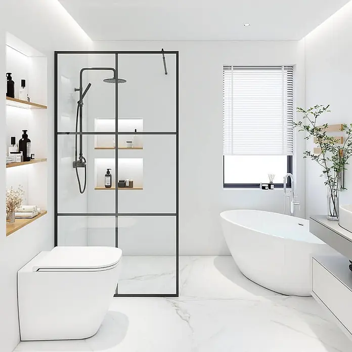 Home Deluxe Duschabtrennung BAKI schwarz 160 x 200 xm -  - Ein modernes, helles Badezimmer mit einer Duschkabine mit schwarzem Rahmen, einer freistehenden Badewanne und einer wandhängenden Toilette.