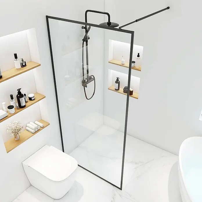 Home Deluxe Duschabtrennung BAKI schwarz 120 x 200 cm -  - Moderne begehbare Duschkabine mit schwarzem Rahmen und Duschsystem in einem minimalistischen Badezimmer mit Einbauregalen.