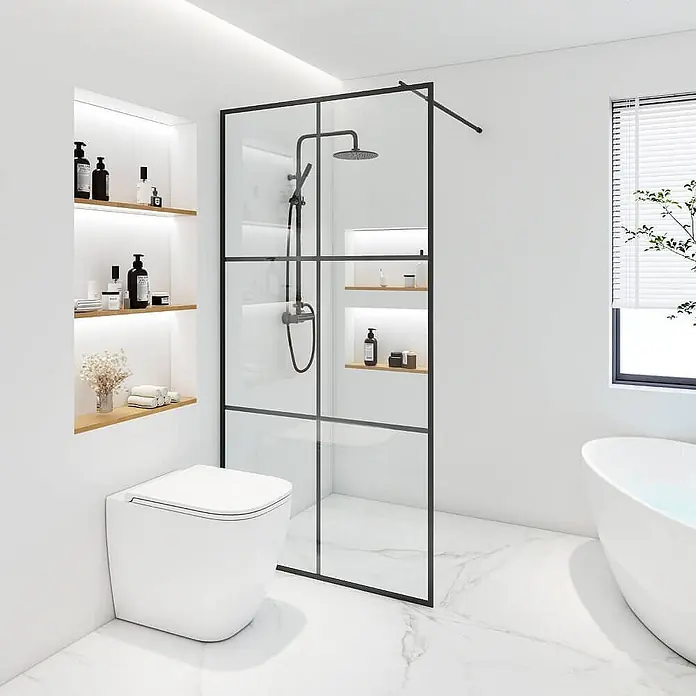 Home Deluxe Duschabtrennung BAKI schwarz 160 x 200 xm -  - Modernes Bad mit schwarzem Glas-Duschabtrennung und weißer wandhängender Toilette.