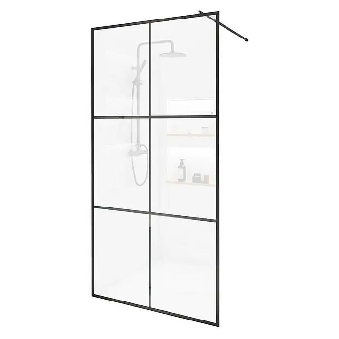 Home Deluxe Duschabtrennung BAKI schwarz 160 x 200 xm -  - Schwarzgerahmte Duschwand mit mattiertem Glas, das Duschkopf und Regale dahinter andeutet. Oben mit Stabilisierungsstange.