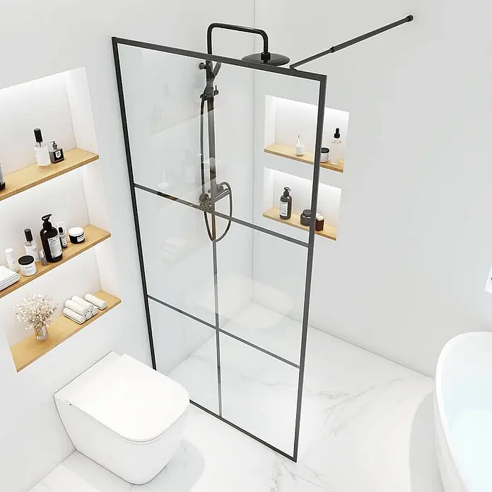 Home Deluxe Duschabtrennung BAKI schwarz 160 x 200 xm -  - Schwarz gerahmte Glas-Duschwand, die einen modernen Badezimmerbereich abtrennt.