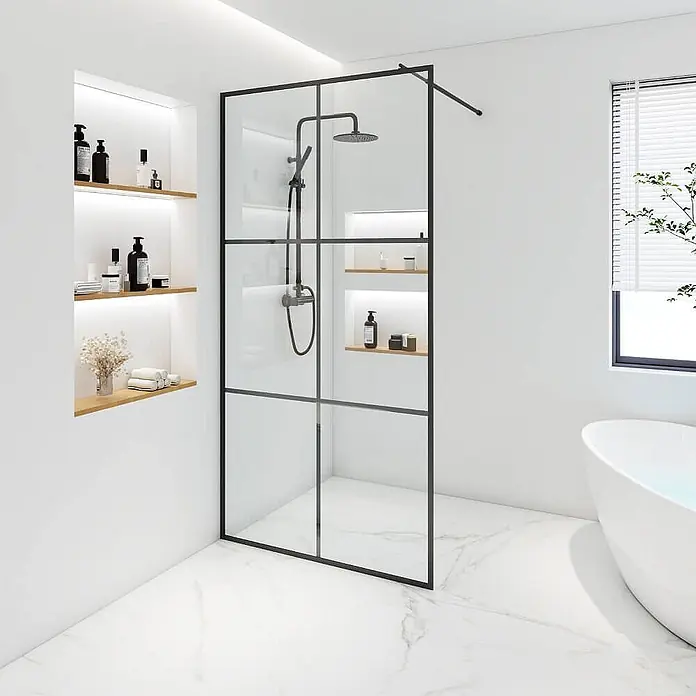 Home Deluxe Duschabtrennung BAKI schwarz 160 x 200 xm -  - Schwarz gerahmte Klarglas-Duschwand trennt einen modernen Duschbereich im Badezimmer.