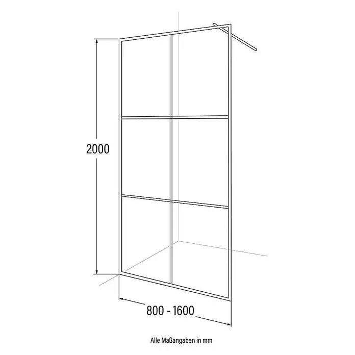 Home Deluxe Duschabtrennung BAKI schwarz 160 x 200 xm -  - Strichzeichnung einer gerahmten Duschwand mit Maßen: Höhe 2000 mm, verstellbare Breite 800-1600 mm.