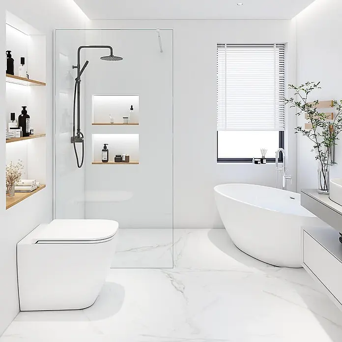 Home Deluxe Duschabtrennung BAKI Aluminium 160 x 200 cm -  - Weiße freistehende Badewanne in einem eleganten, modernen Minimalismus-Badezimmer, neben einem großen Fenster.