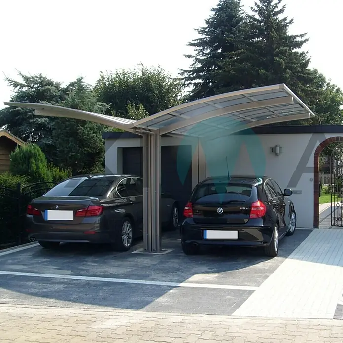 Ximax Carport Portoforte Y 110 - Außenmaß inkl. Dachüberstand (B x T): 5,43 x 4,95 m, Doppelcarport, Edelstahloptik, Schneelast: 137 kg/m² - Ein moderner Auto-Unterstand mit zwei geparkten Autos darunter. Der Carport ist aus Metall und hat ein durchsichtiges Dach.