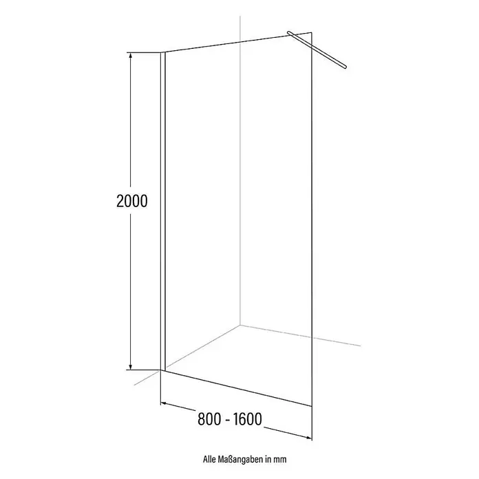 Home Deluxe Duschabtrennung BAKI schwarz 110 x 200 cm -  - Technische Zeichnung einer Duschwand mit den Maßen: Höhe 2000mm, verstellbare Breite 800-1600mm und eine diagonale Stützstange.