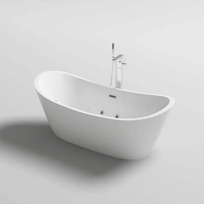 Home Deluxe Freistehende Badewanne OVALO PLUS - Weiß - Weiße freistehende Badewanne in modernem Design mit bodenstehender Chromarmatur.