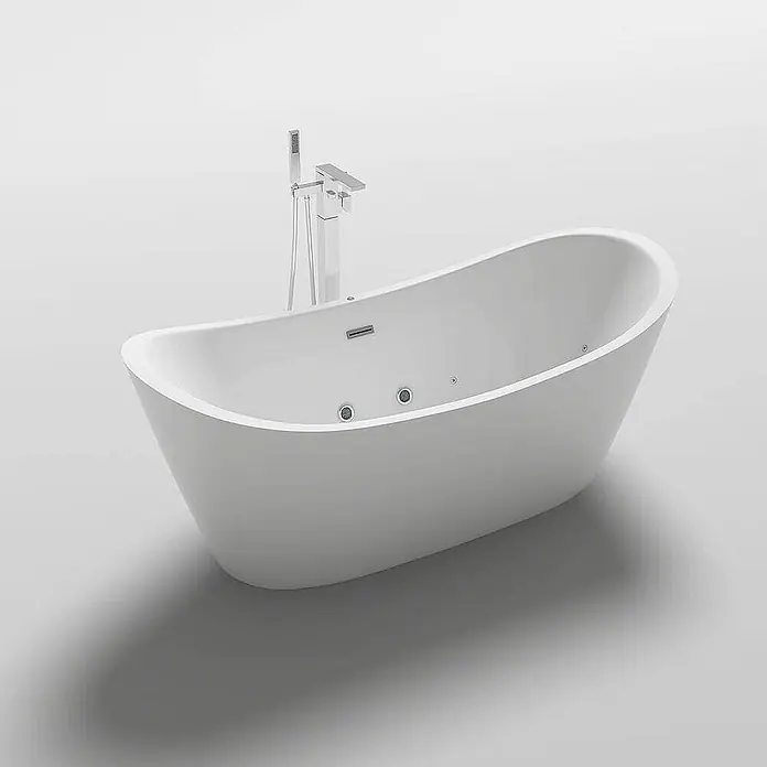 Home Deluxe Freistehende Badewanne OVALO PLUS - Weiß - Weißer freistehender Whirlpool-Badewanne mit bodenstehender Chromarmatur und Handbrause.
