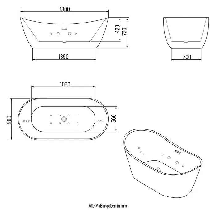 Home Deluxe Freistehende Badewanne OVALO PLUS - Weiß - Technische Zeichnung einer freistehenden Badewanne mit Maßen in Vorder-, Drauf- und Seitenansicht.