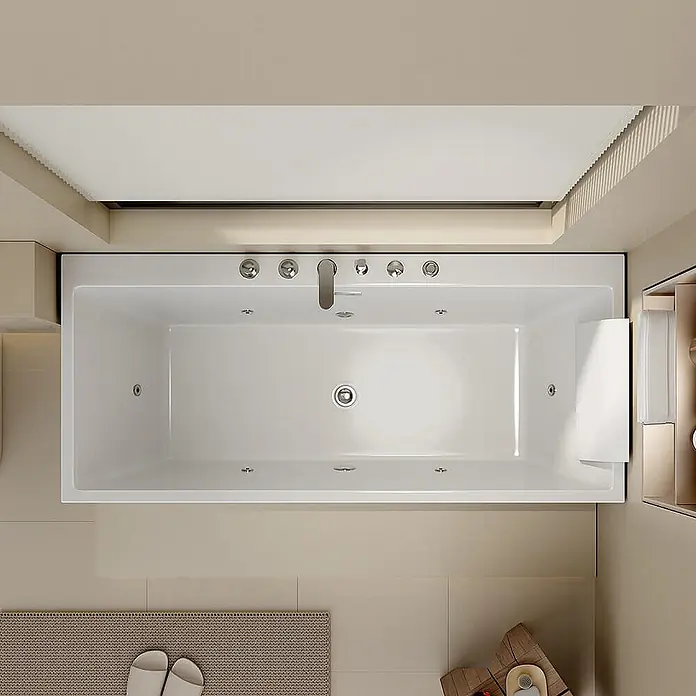 Home Deluxe Eckbadewanne AMBER inkl. Whirlpool-Funktion - Weiß - Weiße rechteckige Jacuzzi-Badewanne mit Chromarmaturen in einem modernen Badezimmer.