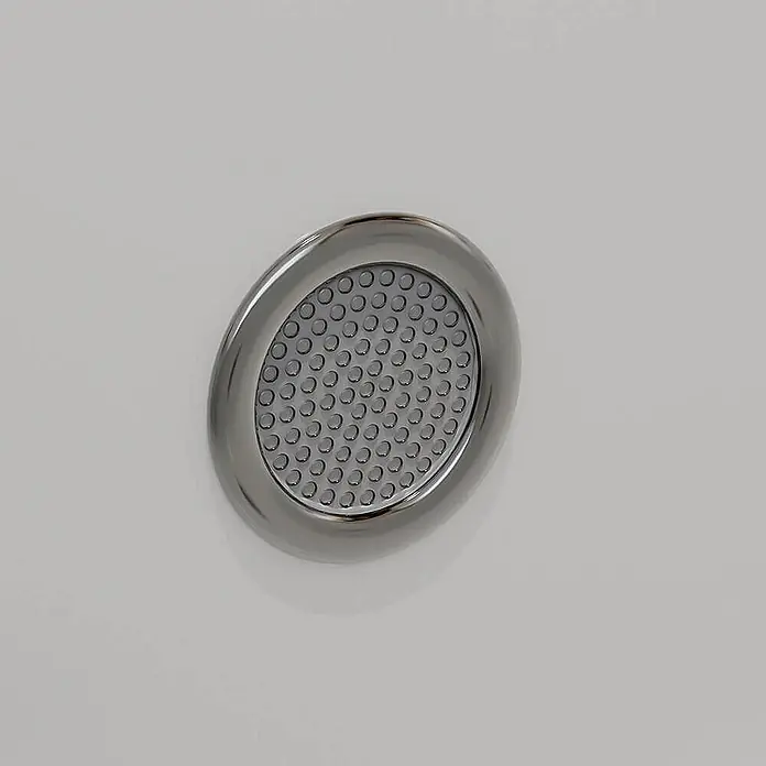 Home Deluxe Eckbadewanne AMBER inkl. Whirlpool-Funktion - Weiß - Ovaler Metall-Jet mit perforierter Oberfläche.
