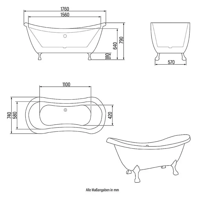 Home Deluxe Freistehende Badewanne FAMA - Weiß - Technisches Datenblatt einer freistehenden Badewanne mit Klauenfüßen, inklusive Maßangaben.