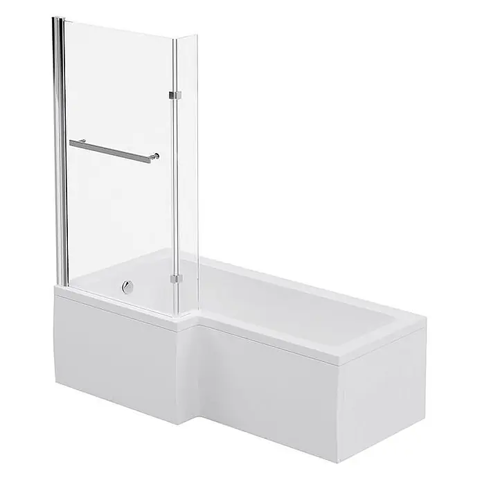 Home Deluxe Badewanne ELARA Rechts -  - Weiße L-förmige Badewanne mit Duschabtrennung aus Klarglas und Chromarmaturen.