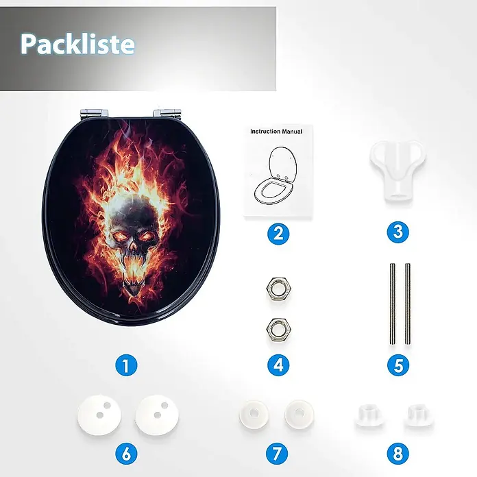 SAINOS WC-Sitz MDF WC-Sitz, Universal-O-Form, Absenkautomatik, Unten - MDF, Schwarz, Mit Absenkautomatik - Toilettensitz mit flammendem Totenkopf-Design, Anleitung und Montagezubehör in Weiß und Silber.