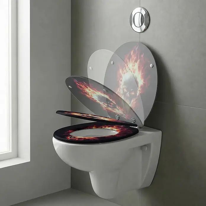 SAINOS WC-Sitz MDF WC-Sitz, Universal-O-Form, Absenkautomatik, Unten - MDF, Schwarz, Mit Absenkautomatik - WC-Sitz und Deckel mit flammendem Totenkopf-Design auf einer wandhängenden Toilette in einem modernen Bad.