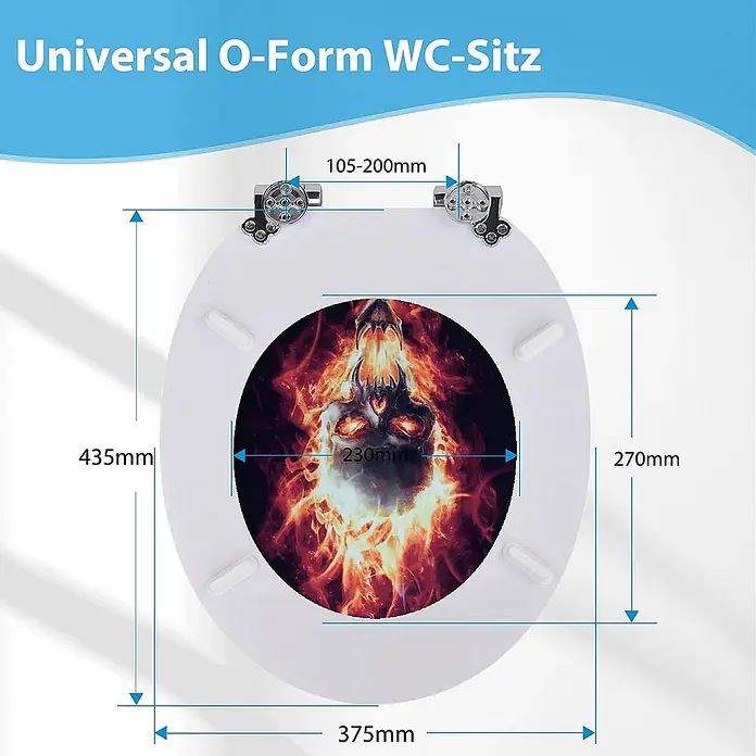 SAINOS WC-Sitz MDF WC-Sitz, Universal-O-Form, Absenkautomatik, Unten - MDF, Schwarz, Mit Absenkautomatik - Weißer O-Form WC-Sitz mit flammendem Totenkopf-Design und Maßangaben.