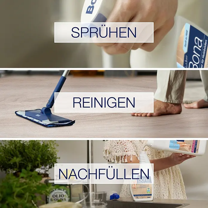 Bona Parkettreiniger - Nettovolumen: 1 l, Flasche mit Sprühpistole - Drei Panels zeigen Bona Bodenreiniger: Sprühen, Reinigen des Holzbodens mit einem Mopp und Nachfüllen der Flasche.