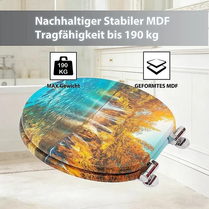 SAINOS WC-Sitz MDF WC-Sitz, Blau, Universal-O-Form, Absenkautomatik, Unten - MDF, Blau, Mit Absenkautomatik - Bunter MDF-Toilettensitz mit Naturmotiv, stabil und tragfähig bis 190 kg.