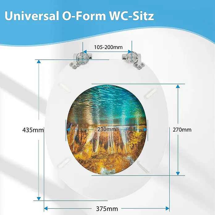 SAINOS WC-Sitz MDF WC-Sitz, Blau, Universal-O-Form, Absenkautomatik, Unten - MDF, Blau, Mit Absenkautomatik - Universeller O-Form WC-Sitz, weiß, mit Maßen (435x375mm, Innenöffnung 270x230mm, Scharnierabstand 105-200mm) und Wasserfall-Motiv.