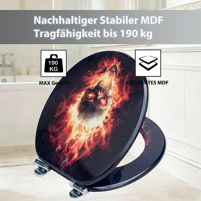SAINOS WC-Sitz MDF WC-Sitz, Universal-O-Form, Absenkautomatik, Unten - MDF, Schwarz, Mit Absenkautomatik - Toilettensitz aus MDF mit flammendem Totenkopf-Design, stabil und belastbar bis 190 kg.