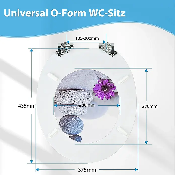 SAINOS WC-Sitz MDF WC-Sitz, Universal-O-Form, Absenkautomatik, Unten - MDF, Grau, Mit Absenkautomatik - Weißer universaler O-förmiger WC-Sitz mit Maßen und Zen-Stein-Blumen-Druck.