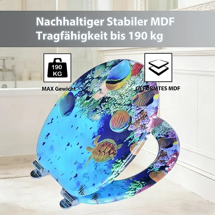 SAINOS WC-Sitz MDF WC-Sitz, Blau, Universal-O-Form, Absenkautomatik, Unten - MDF, Blau, Mit Absenkautomatik - Lebhafter Toilettensitz aus MDF mit Ozeanmotiv, stabil und nachhaltig, bis zu 190 kg belastbar.