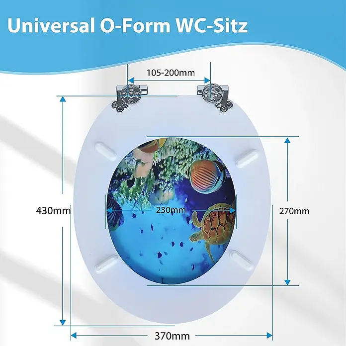 SAINOS WC-Sitz MDF WC-Sitz, Blau, Universal-O-Form, Absenkautomatik, Unten - MDF, Blau, Mit Absenkautomatik - Weißer O-förmiger WC-Sitz mit Unterwassermotiv, Gesamt-, Innen- und Scharniermaßen.