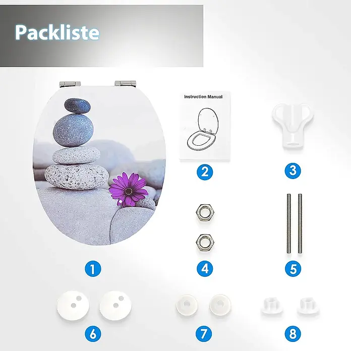 SAINOS WC-Sitz MDF WC-Sitz, Universal-O-Form, Absenkautomatik, Unten - MDF, Grau, Mit Absenkautomatik - WC-Sitz mit Steinstapel- und Blumenmotiv, plus Montagezubehör wie Schrauben, Muttern und Plastikteile.