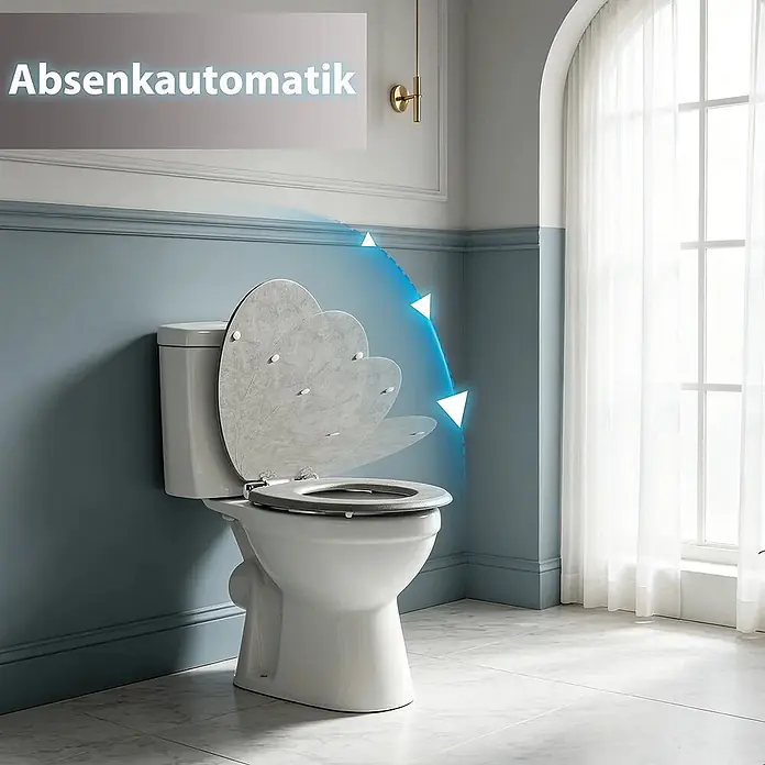SAINOS WC-Sitz MDF WC-Sitz, Marmormuster, Universal-O-Form, Absenkautomatik, Unten - MDF, Grau, Mit Absenkautomatik - Weißes WC mit grauem, muschelförmigem Toilettensitz mit Absenkautomatik in einem modernen Badezimmer.