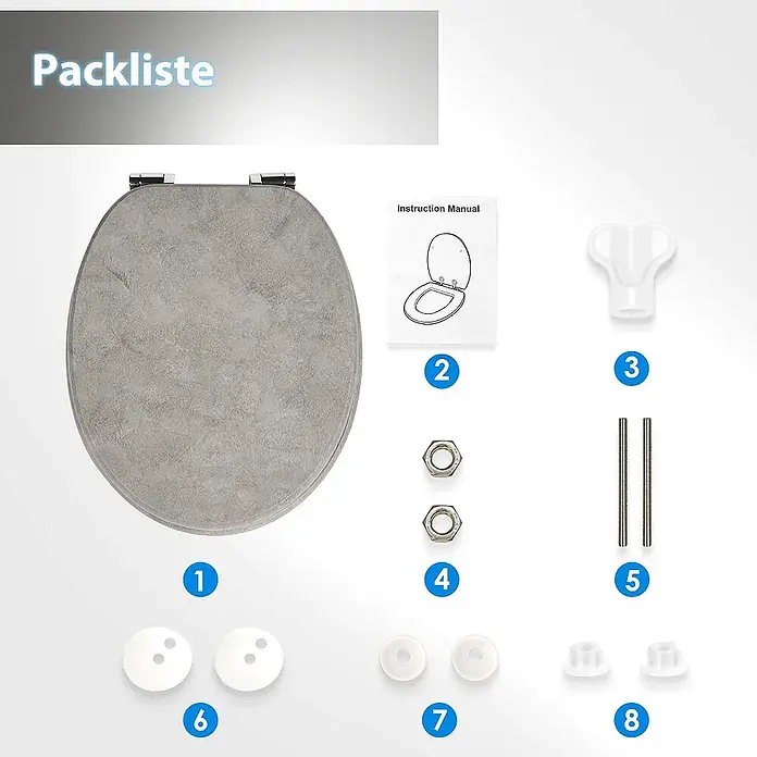 SAINOS WC-Sitz MDF WC-Sitz, Marmormuster, Universal-O-Form, Absenkautomatik, Unten - MDF, Grau, Mit Absenkautomatik - Grauer Toilettensitz in Betonoptik mit Installationszubehör und Anleitung.