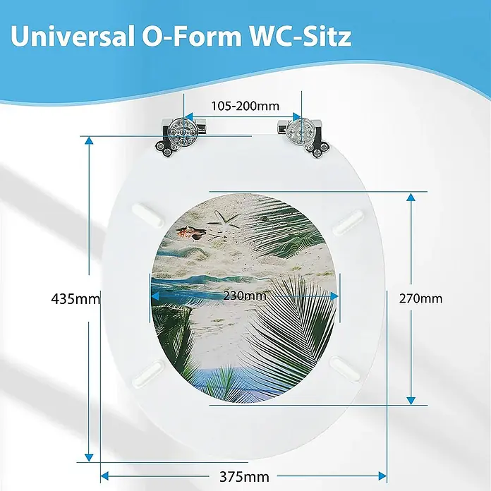 SAINOS WC-Sitz MDF WC-Sitz, Grün, Universal-O-Form, Absenkautomatik, Unten - MDF, Grün, Mit Absenkautomatik - Weißer O-förmiger WC-Sitz mit Strandmotiv-Druck auf dem Deckel, zeigt detaillierte Maße für universelle Passform.