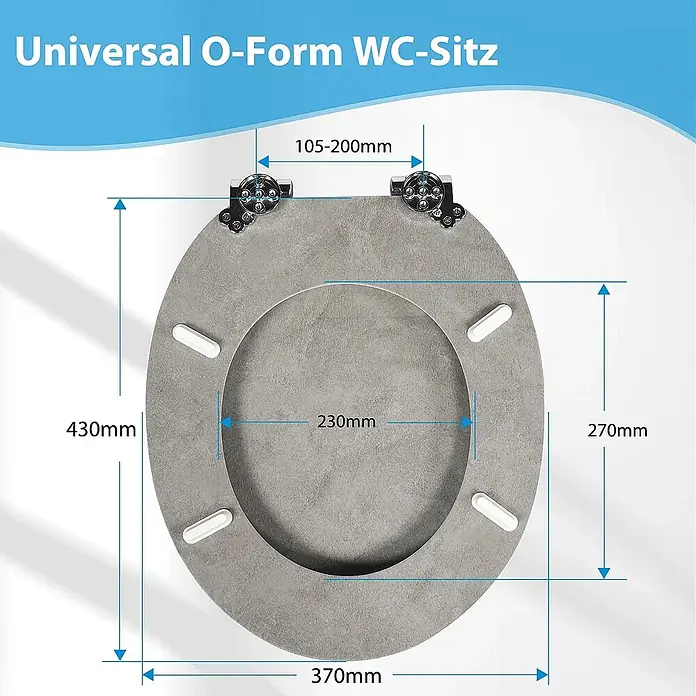 SAINOS WC-Sitz MDF WC-Sitz, Marmormuster, Universal-O-Form, Absenkautomatik, Unten - MDF, Grau, Mit Absenkautomatik - Universal O-förmiger WC-Sitz in grauer Betonoptik, mit detaillierten Maßen.