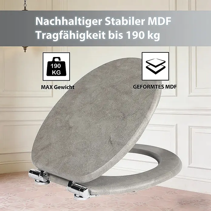 SAINOS WC-Sitz MDF WC-Sitz, Marmormuster, Universal-O-Form, Absenkautomatik, Unten - MDF, Grau, Mit Absenkautomatik - Grauer strukturierter MDF-Toilettensitz, stabil bis 190 kg Tragfähigkeit. Aus geformtem MDF.