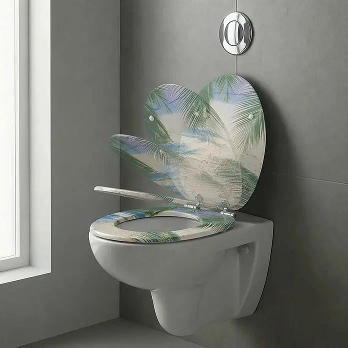 SAINOS WC-Sitz MDF WC-Sitz, Grün, Universal-O-Form, Absenkautomatik, Unten - MDF, Grün, Mit Absenkautomatik - Wandhängendes WC mit WC-Sitz und Deckel in Strand- und Palmenmuster, teilweise geöffnet.