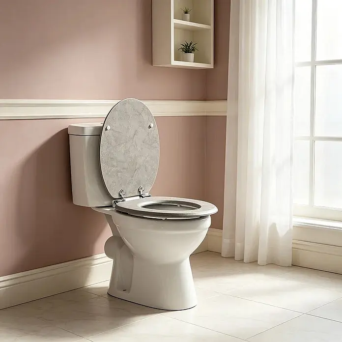 SAINOS WC-Sitz MDF WC-Sitz, Marmormuster, Universal-O-Form, Absenkautomatik, Unten - MDF, Grau, Mit Absenkautomatik - Grauer, strukturierter Toilettensitz und -deckel, offen auf einer weißen Toilette.