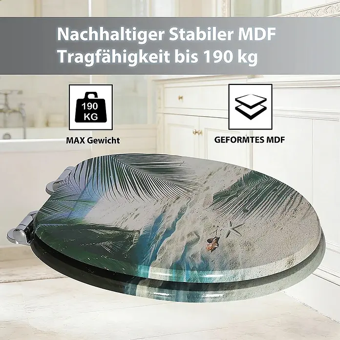 SAINOS WC-Sitz MDF WC-Sitz, Grün, Universal-O-Form, Absenkautomatik, Unten - MDF, Grün, Mit Absenkautomatik - MDF Toilettensitz mit tropischem Strandmotiv, inkl. Sand, Palmenblättern und Seestern.