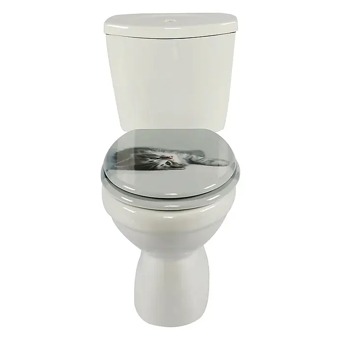 SAINOS WC-Sitz MDF WC-Sitz, Grau, Universal-O-Form, Absenkautomatik, Unten - MDF, Grau, Mit Absenkautomatik - Weiße Toilette mit einem Katzenbild auf dem Toilettendeckel.