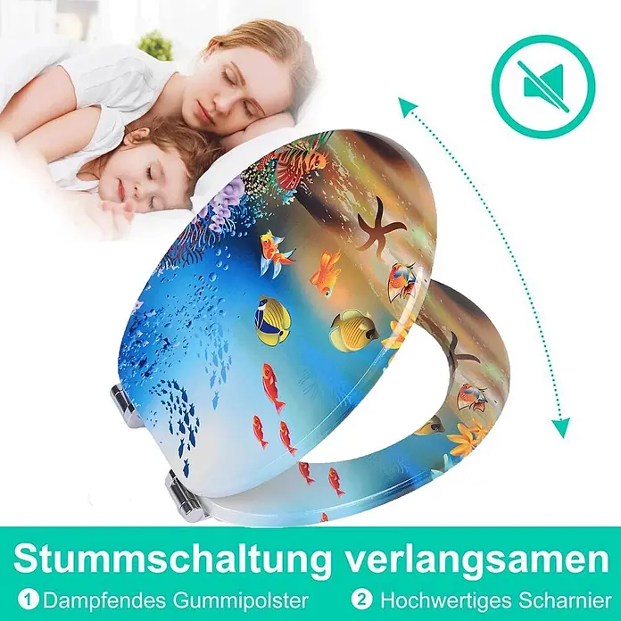 SAINOS WC-Sitz MDF WC-Sitz, Blau, Universal-O-Form, Absenkautomatik, Unten - MDF, Blau, Mit Absenkautomatik - Toilettensitz mit Meeresmotiv, farbigen Fischen und Korallen, ausgestattet mit geräuschloser Absenkautomatik und hochwertigen Scharnieren.